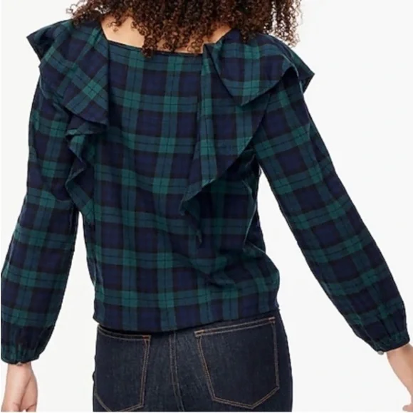 J. Crew Blackwatch Trendy Green Blue Flannel ruffled plaid squareneck ruffle top - Picture 4 of 11
